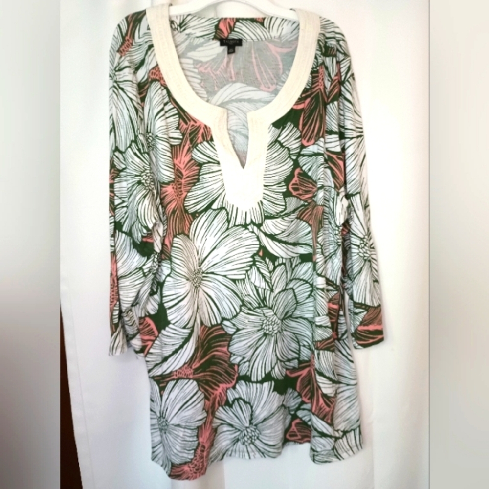 Talbots 2X Tunic Top Tropical Floral Embroidered Pima Cotton Modal Resortwear
